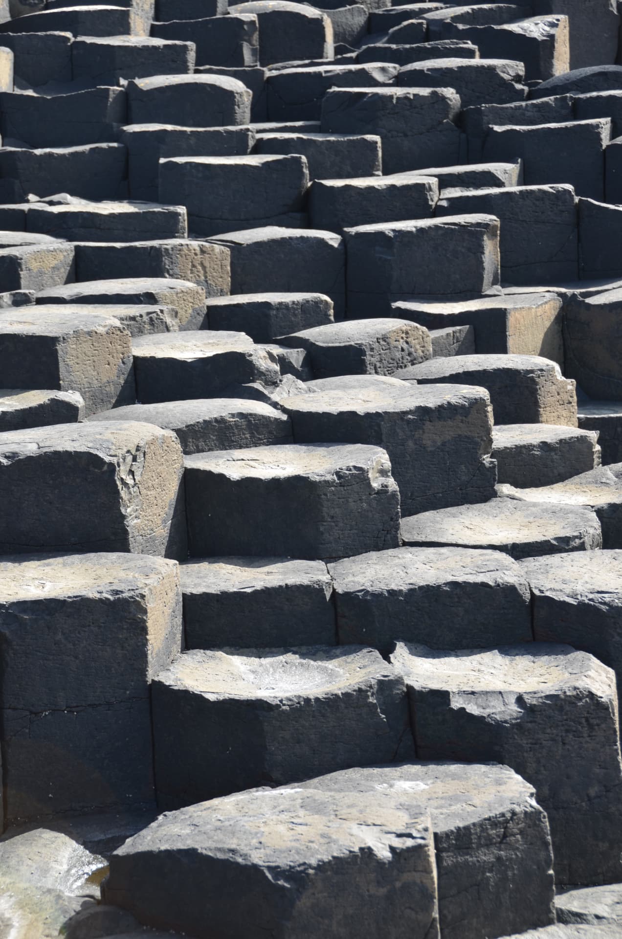 Interlocking hexagonal basalt columns forming a natural stepped pavement