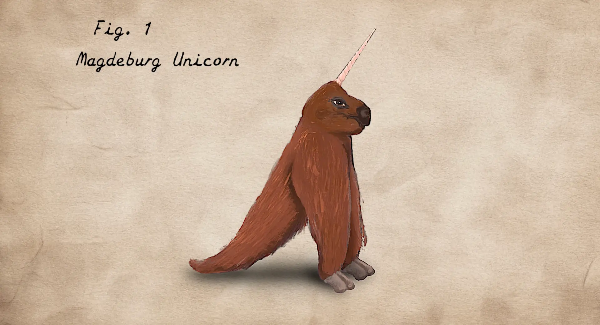 Hand-painted illustration of the Magdeburg Unicorn on a parchment-style background, labelled Fig. 1